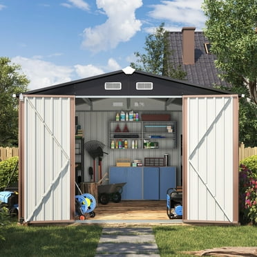 Sunmthink 9.5 x 9.5 FT Outdoor Storage Shed, Patio Large Metal Shed with Lockable Door Waterproof Tool Shed for Paio, Lawn, Brown