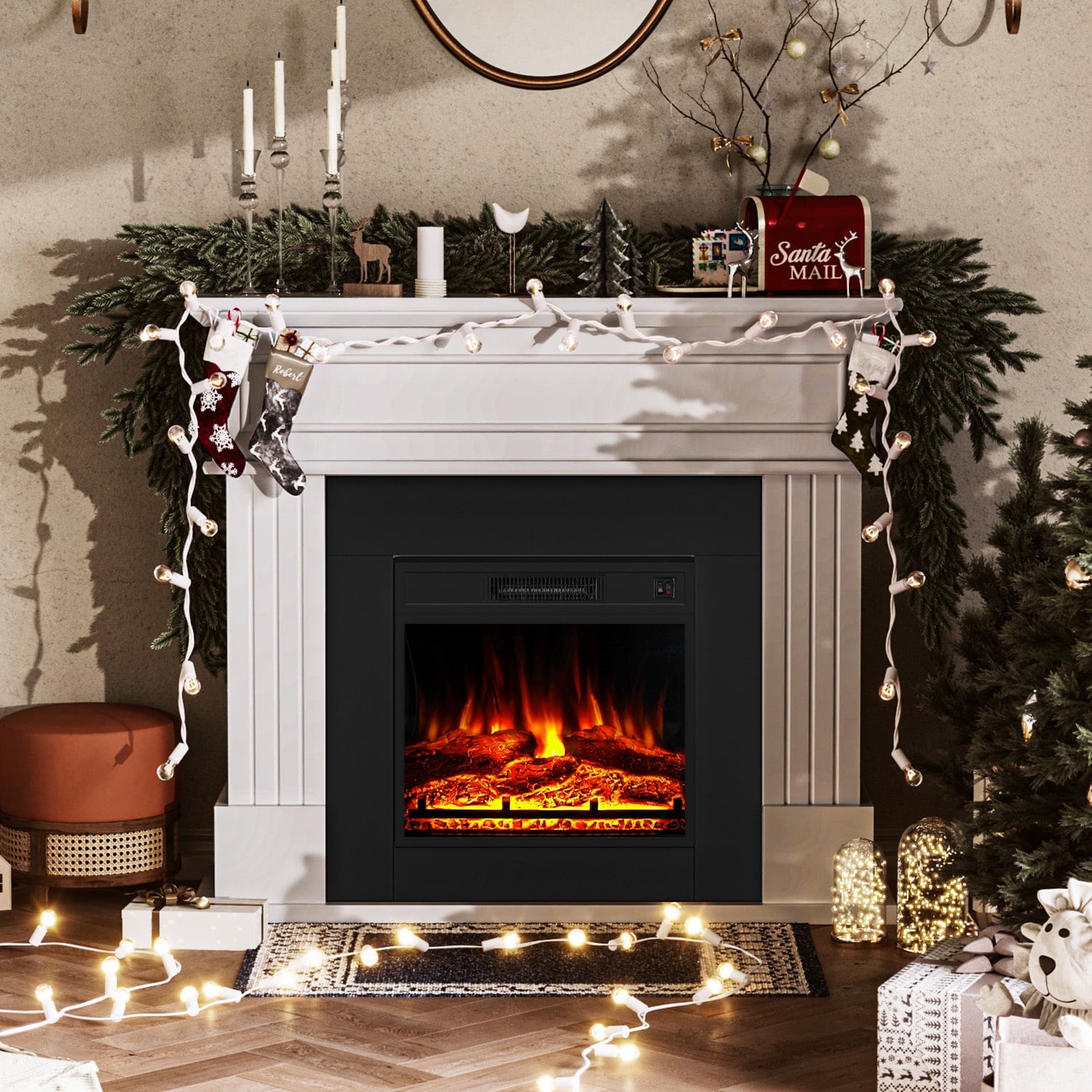 Sunmthink Electric Fireplace with 43" Mantel, Freestanding 18" Fireplace Heater TV Stand with 3D Realistic Flame for Living Room, Bedroom, White