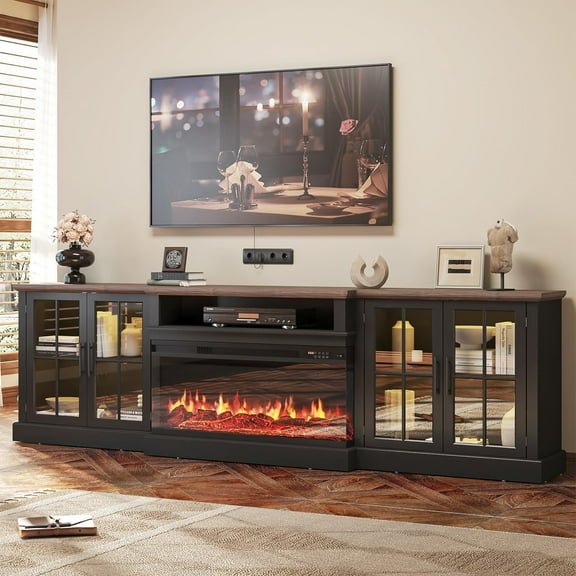 Sunmthink Farmhouse TV Stand with 36" Fireplace for TVs up to 100", Media Entertainment Center with Adjustable Shelves and Large Storage Cabinets, for Living Room, Black