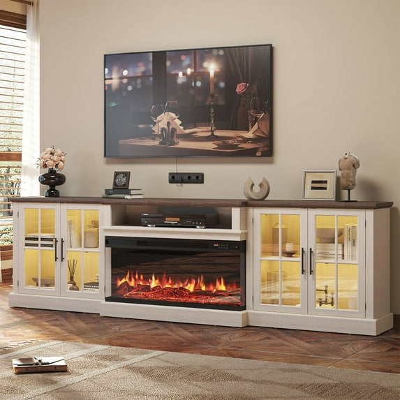 Sunmthink Farmhouse TV Stand with 36" Fireplace for TVs up to 100", Media Entertainment Center with Adjustable Shelves and Large Storage Cabinets, for Living Room, White