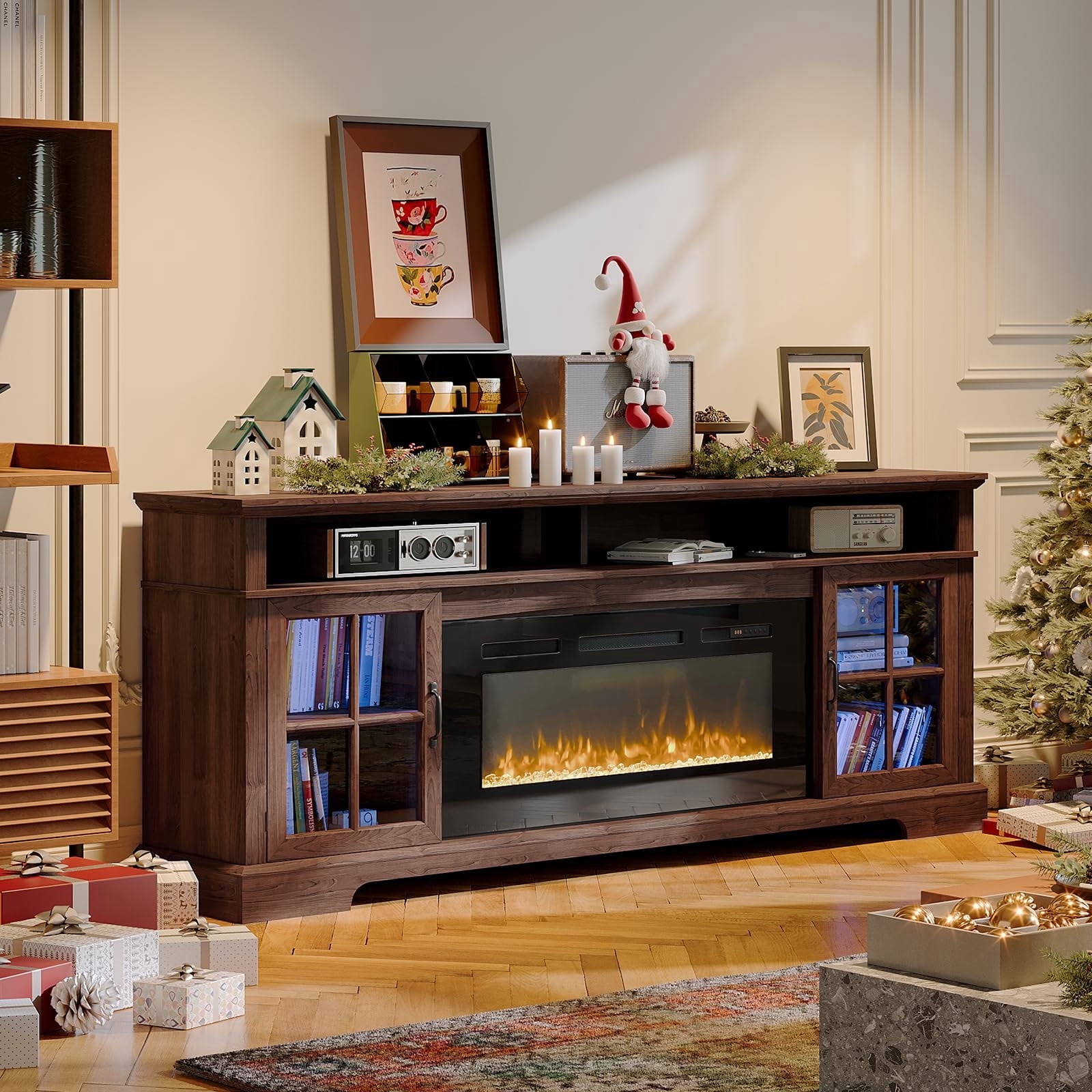 Sunmthink Farmhouse TV Stand with 36" Fireplace for TVs up to 80", 70" Media Entertainment Center with Adjustable Shelves and Large Storage Cabinets, for Living Room, Brown