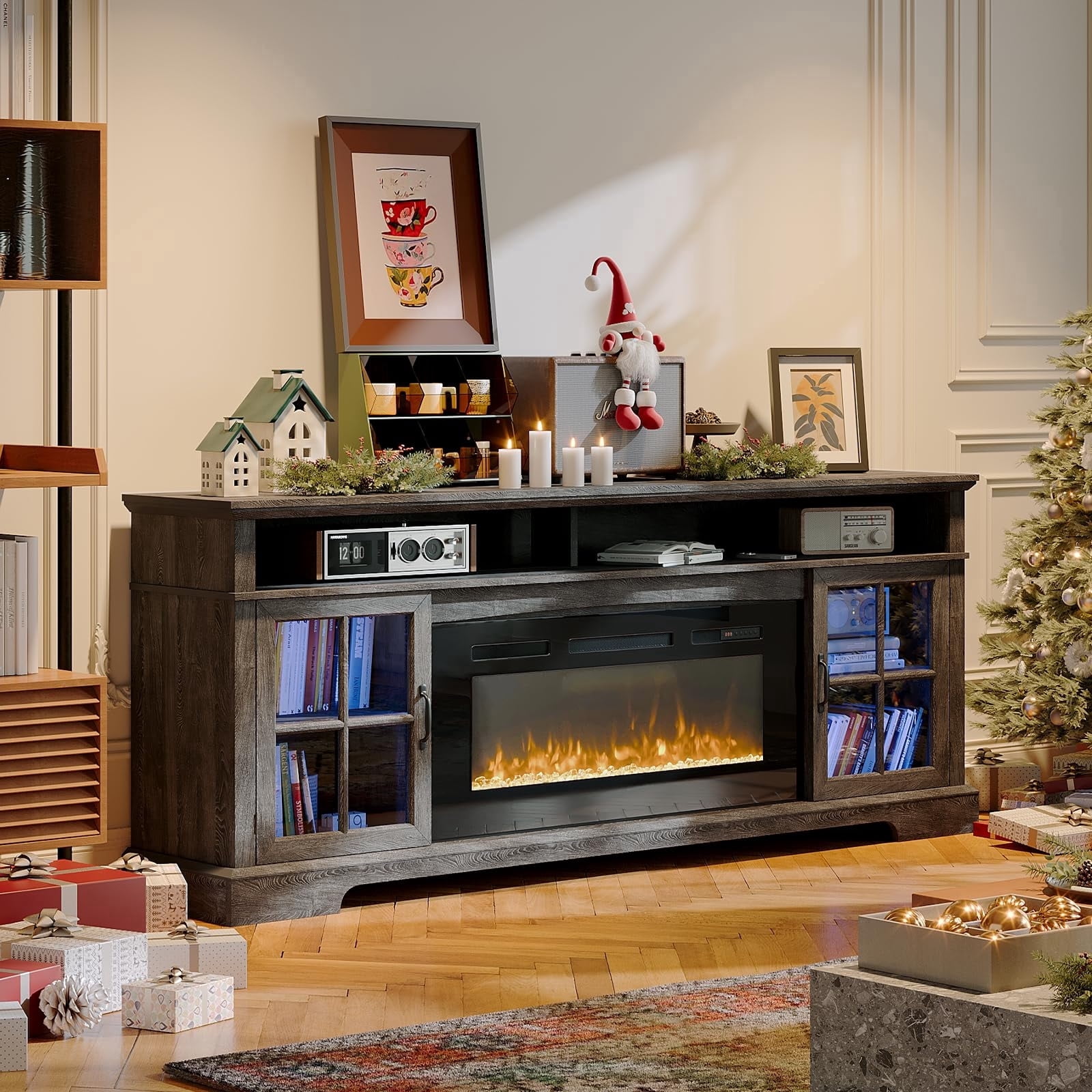 Sunmthink Farmhouse TV Stand with 36" Fireplace for TVs up to 80", 70" Media Entertainment Center with Adjustable Shelves and Large Storage Cabinets, for Living Room, Gray