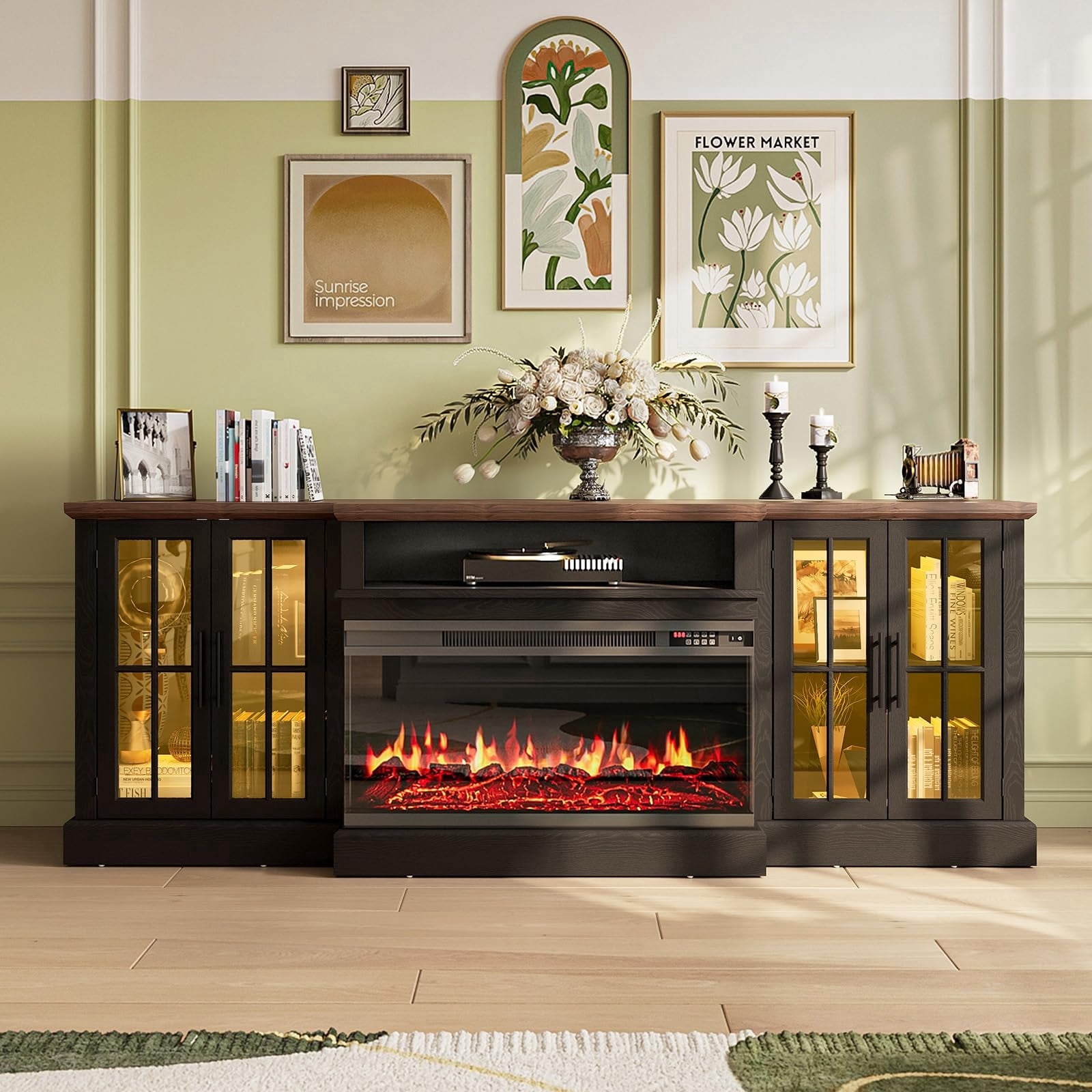 Sunmthink Farmhouse TV Stand with 36" Fireplace for TVs up to 90", 87" Media Entertainment Center with Adjustable Shelves and Large Storage Cabinets, for Living Room, Black