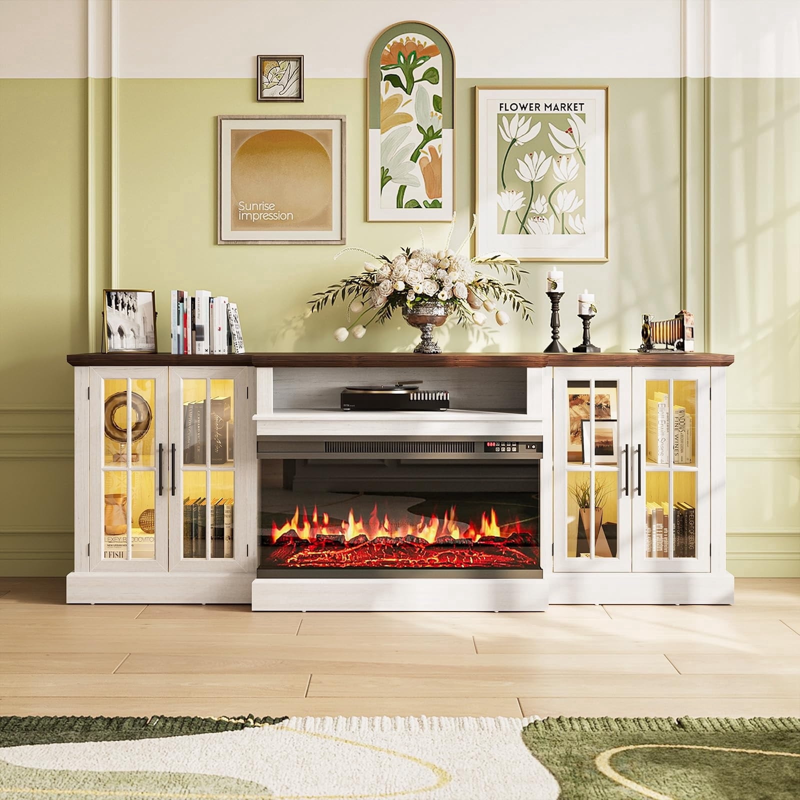 Sunmthink Farmhouse TV Stand with 36" Fireplace for TVs up to 90", 87" Media Entertainment Center with Adjustable Shelves and Large Storage Cabinets, for Living Room, White