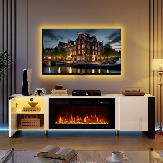 Breezestival Fireplace TV Stand for TVs up to 80", 70" TV Stand with 36" Electric Fireplace, Entertainment Center with LED Lights, White & Black