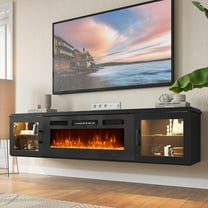 Sunmthink Floating TV Stand with 36" Electric Fireplace, High Gloss Finish Wall Mounted Fireplace Entertainment Center with Storage for TVs Up to 80", Black