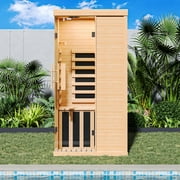 Sunmthink Full Spectrum Infrared Sauna ， 1-Person Home Sauna 850W Hemlock Wood Spa with Resonance Speaker & Tempered Glass