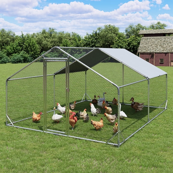 Sunmthink Heavy Duty Metal Chicken Coop Poultry Cage, Large Outdoor Yard Walk-in Enclosure with Waterproof Flat Roof Cover (9.8' L x 13.1' W x 6.4' H)