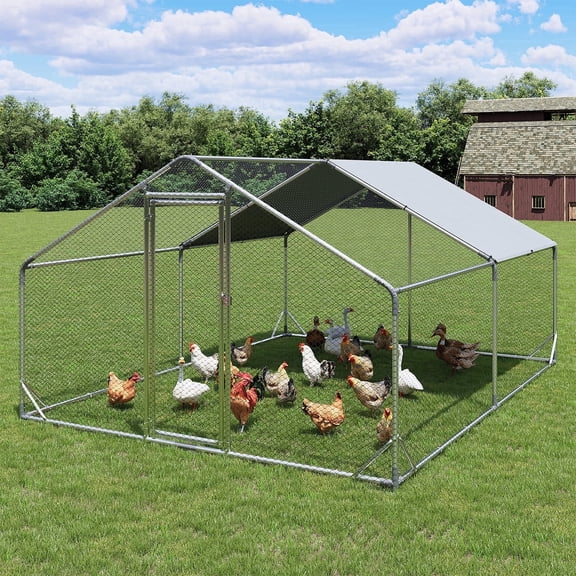 Dateyes Heavy Duty Metal Chicken Coop Poultry Cage, Large Outdoor Yard Walk-in Enclosure with Waterproof Flat Roof Cover (9.8' L x 13.1' W x 6.4' H)