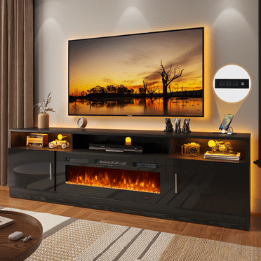 Sunmthink Modern Fireplace TV Stand for TVs up to 80'' with 12 LED Colors, 70'' Media Entertainment Center Console Table with Electric Fireplace, Black