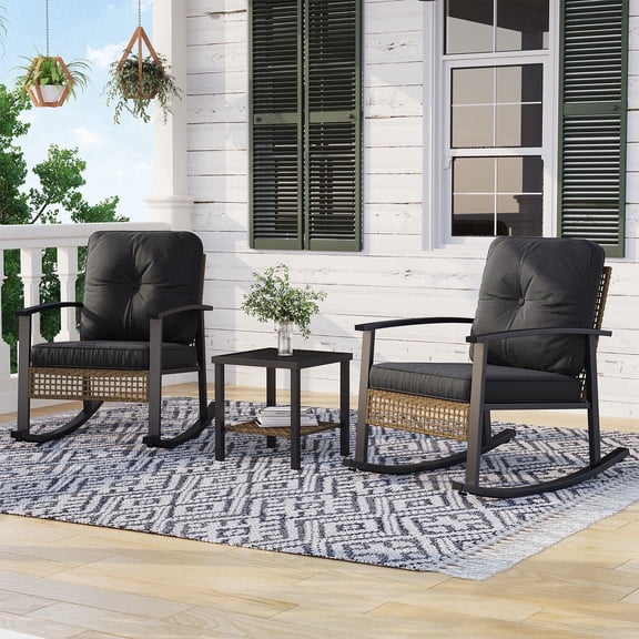 Dateyes Outdoor 3-Piece Patio Set with Rocking Chairs & Table - Includes Comfort Cushions, Perfect for Garden, Balcony, Backyard or Poolside (Black)