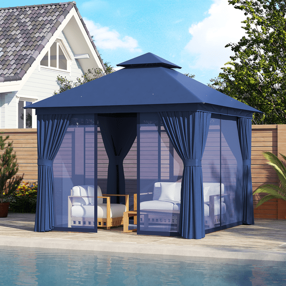 Sunmthink Outdoor Gazebo for Patio 10'x10', Metal Frame Canopy with Double Roofs, Heavy Duty Party Tent and Shelter with Mosquito Netting and Privacy Screen for Backyard,Garden,Deck (Blue)