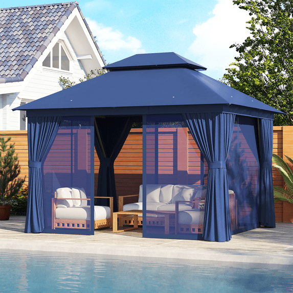 Sunmthink Outdoor Gazebo for Patio 10'x12', Metal Frame Canopy with Double Roofs, Heavy Duty Party Tent and Shelter with Mosquito Netting and Privacy Screen for Backyard,Garden,Deck (Blue)