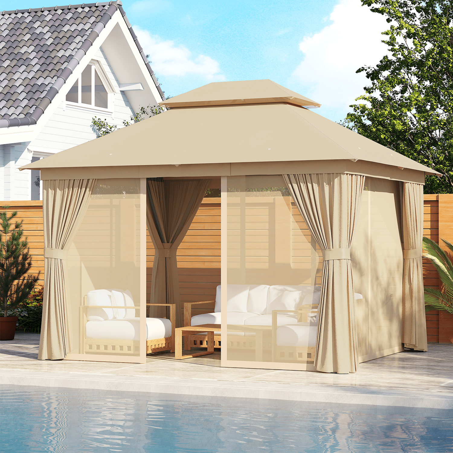 Sunmthink Outdoor Gazebo for Patio 10'x12', Metal Frame Canopy with Double Roofs, Heavy Duty Party Tent and Shelter with Mosquito Netting and Privacy Screen for Backyard,Garden,Deck (Beige)