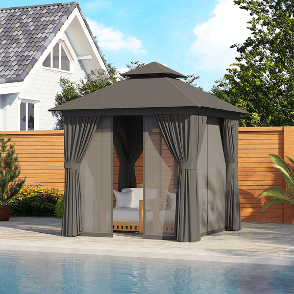 Sunmthink Outdoor Gazebo for Patio 8'x8', Metal Frame Canopy with Double Roofs, Heavy Duty Party Tent and Shelter with Mosquito Netting and Privacy Screen for Backyard,Garden,Deck (Gray)