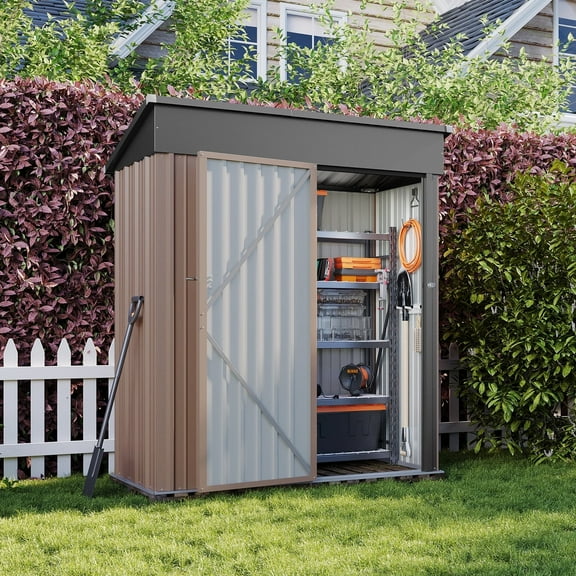 Sunmthink Outdoor Lockable Galvanized Metal Storage Shed, 5' x 3' x 6.1', Brown