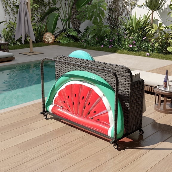 Dateyse Outdoor Poolside Storage Cart with Wheels, 2-Tier Wicker Towel & Toy Organizer for Pool, Gray
