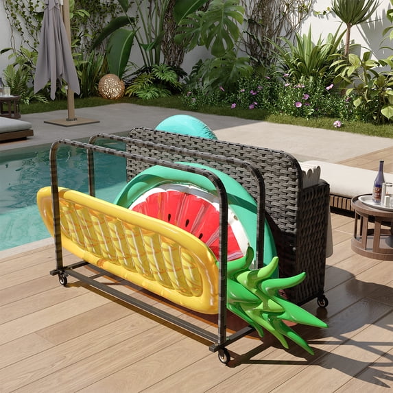 Sunmthink Outdoor Poolside Storage Cart with Wheels, 3-Tier Wicker Towel & Toy Organizer for Pool, Gray