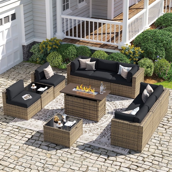 Sunmthink 11-Piece Outdoor Patio Furniture, Patio Furniture Sets with Fire Pit, Wicker Outdoor Conversation Set and Waterproof Cover