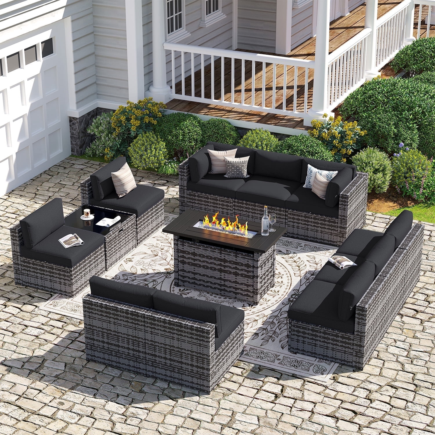 Sunmthink 12-Piece Outdoor Patio Furniture, Patio Furniture Sets with Fire Pit, Wicker Outdoor Conversation Set and Waterproof Cover