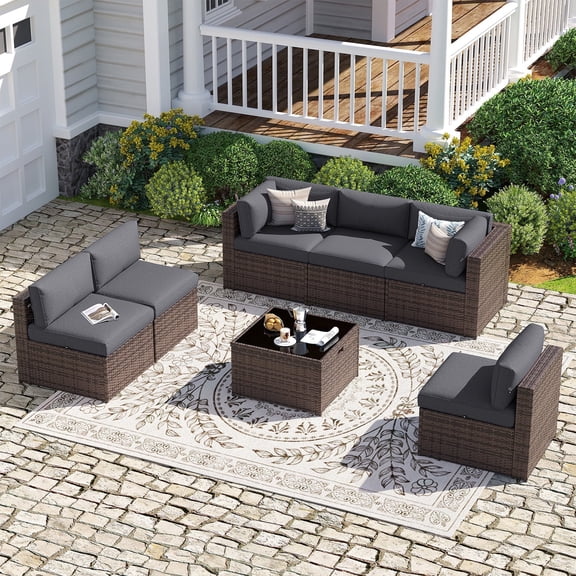 Sunmthink 7-Piece Wicker Patio Furniture Sets, Outdoor Conversation Set with 4 Inches Thick Cushions and Waterproof Cover