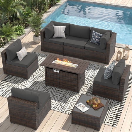Sunmthink 8-Piece Outdoor Patio Furniture, Patio Furniture Sets with Fire Pit, Wicker Outdoor Conversation Set and Waterproof Cover