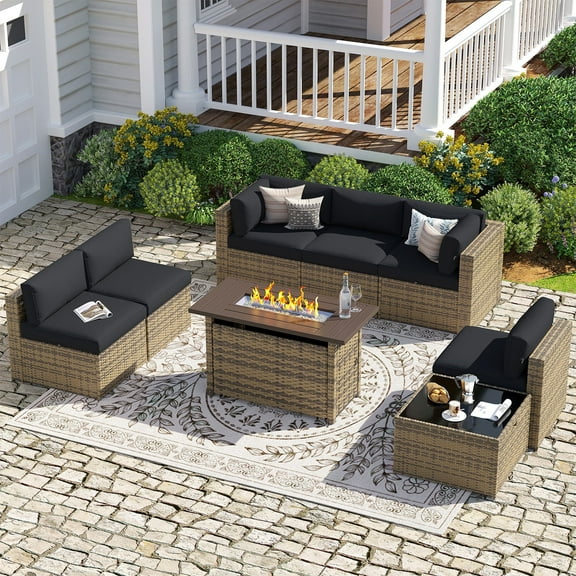 Sunmthink Tempered Glass Patio Conversation Set with Fire Pit, Beige