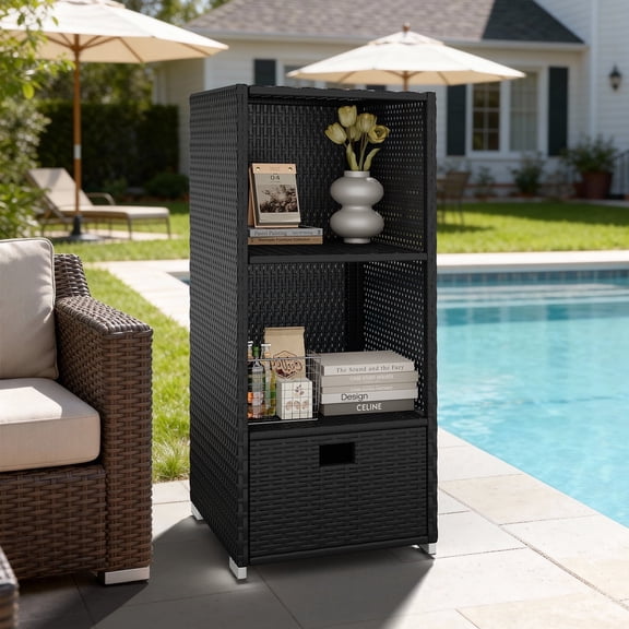 BaPiPro Wicker Poolside Storage Cabinet with Drawer, Outdoor Rattan Pool Towel Organizer for Patio, Backyard, 45" Black