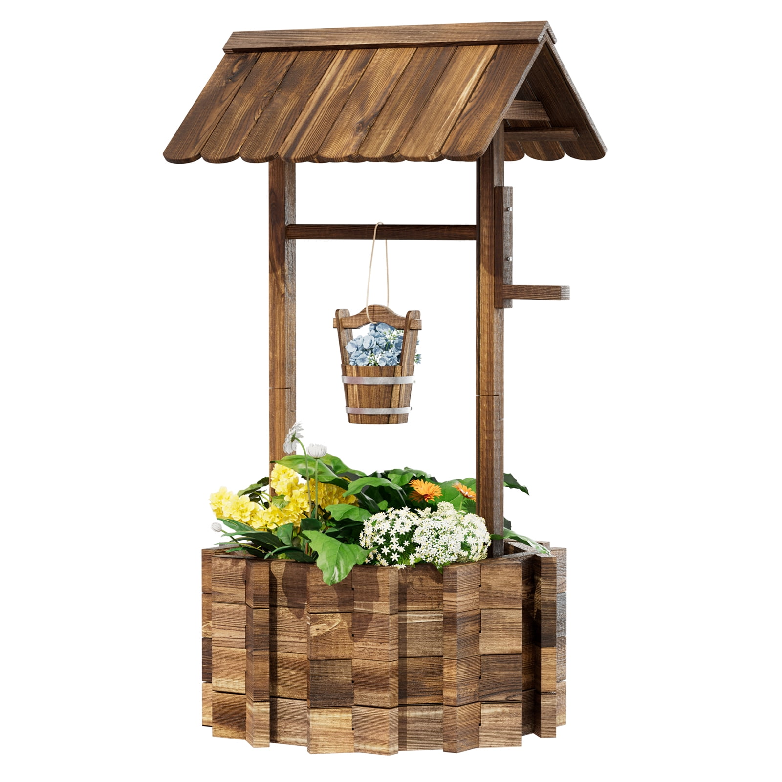 Sunmthink Wood Wishing Well Planter with Hanging Bucket for Flower and