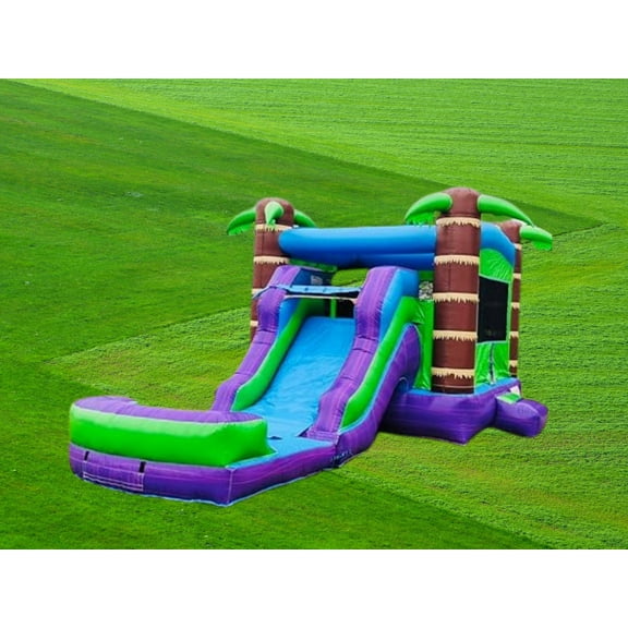 SunnFun Inflatables Commercial Inflatable Purple Tropical Combo Bounce House Slide Pool 1.5HP Blower