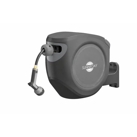 Sunneday 100ft Retractable Hose Reel 5/8 | Automatic Retractable Hose Reel w/Wall Mount | Easy to Assemble Water Hose Reel w/Flexible Swivel Mount | Retractable Garden Hose Reel (100ft.Black/Gray)