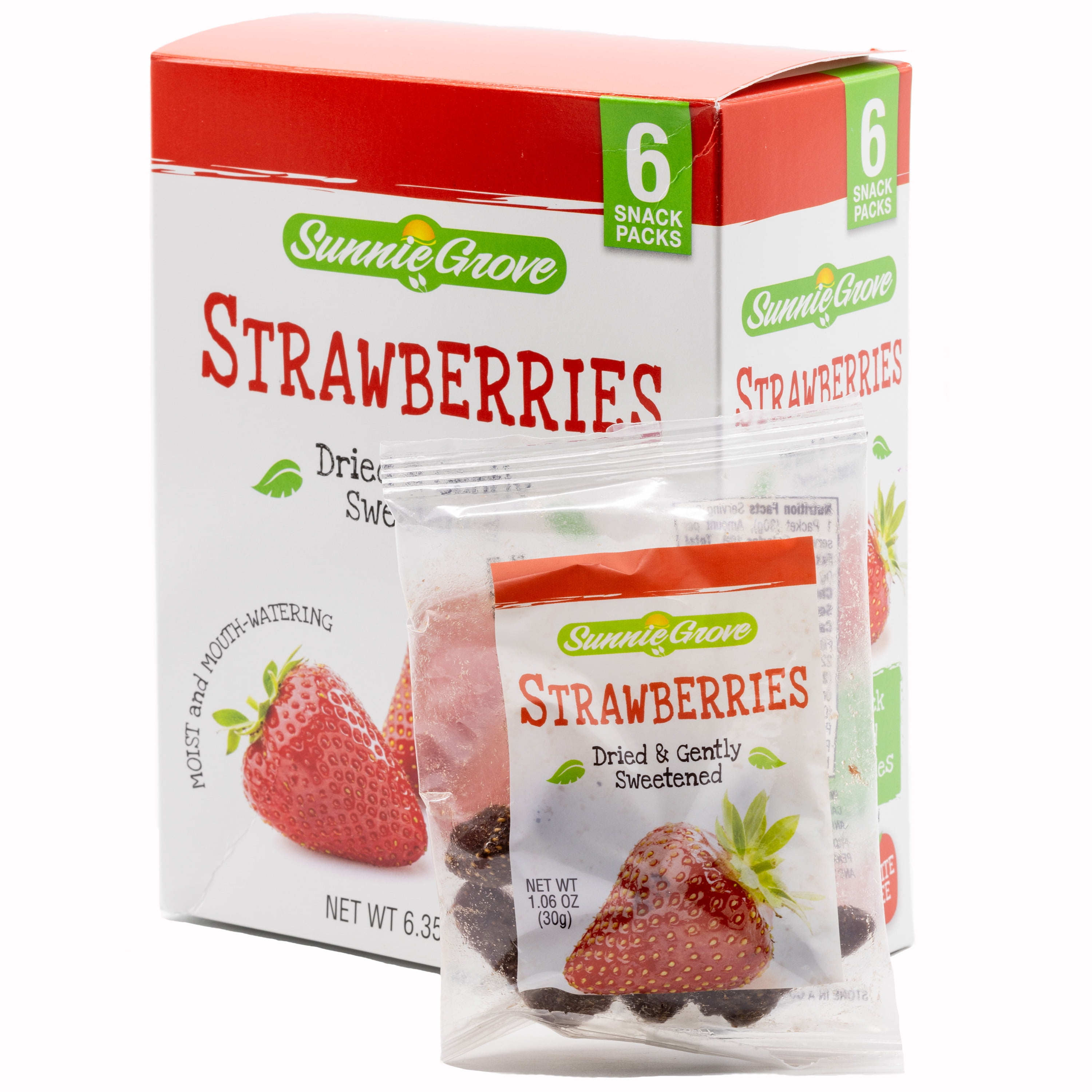Sunnie Grove Strawberries Dried & Gently Sweetened Box, 6.3oz (180g), Snack Packs, 6ct. Non GMO