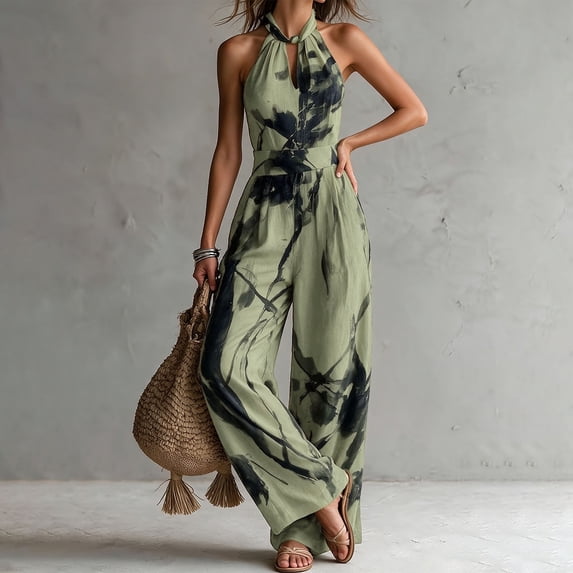 Sunnin Halter Neck Floral Jumpsuit with Pockets Wide Leg Sleeveless Casual Summer Wear