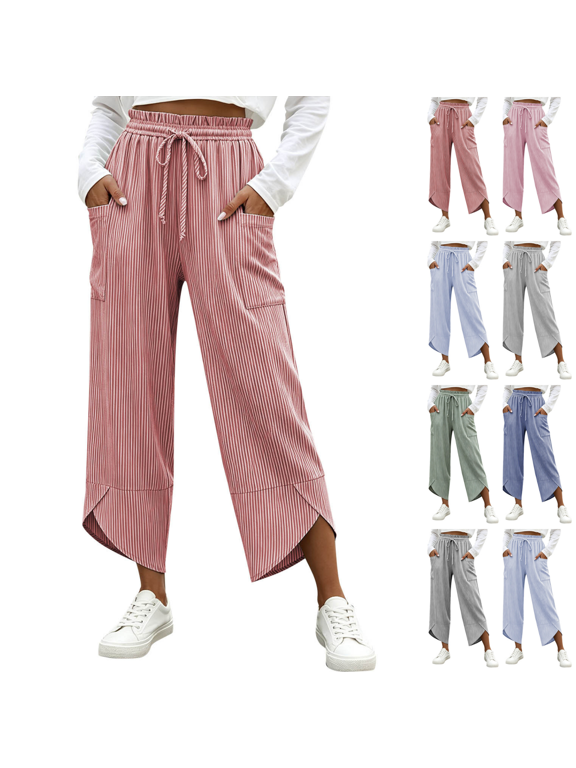 Ladies Striped Drawstring Pants with Pockets Ankle Split Hem Casual Everyday Trousers