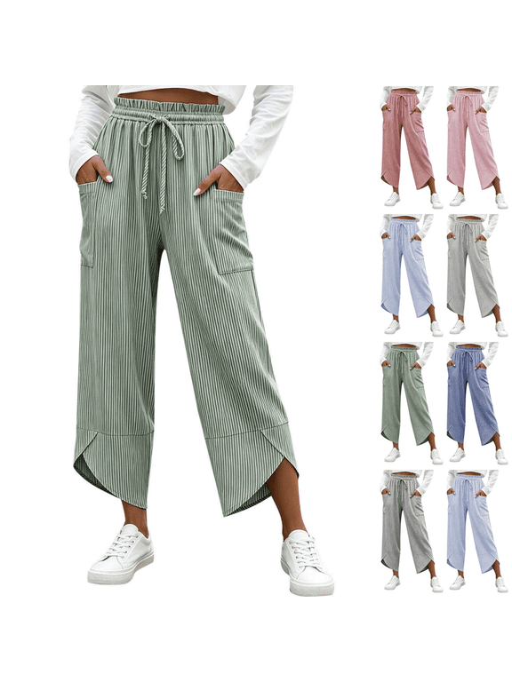 Ladies Striped Drawstring Pants with Pockets Ankle Split Hem Casual Everyday Trousers