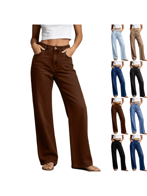 Solid Color Denim Jeans Pants Straight Wide Leg High Waist Button Zip Fly Casual Wear