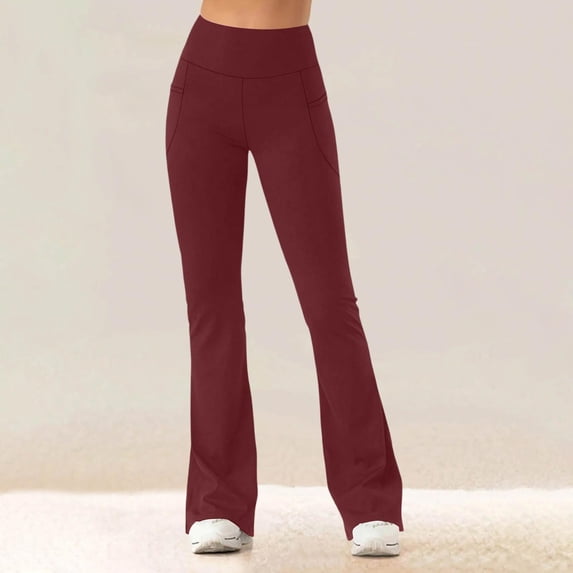 Sunnin Solid Color Fleece Lined Pants High Waist Yoga Workout Stretch Flare Leg Winter Wear
