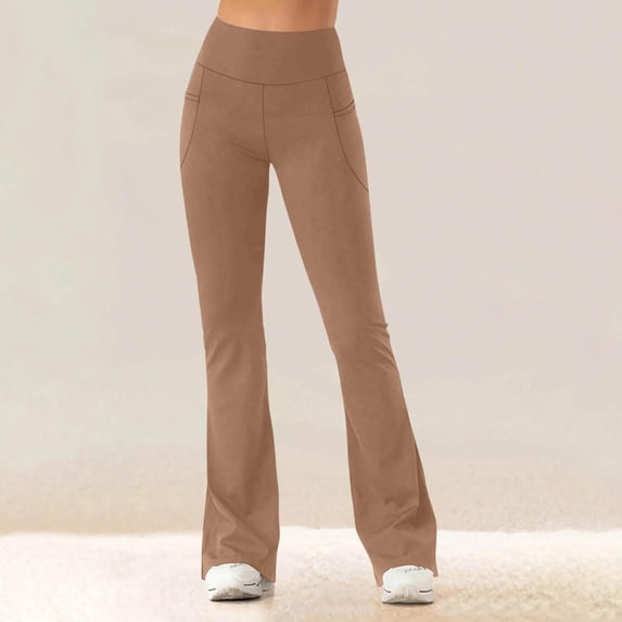 Sunnin Solid Color Fleece Lined Pants High Waist Yoga Workout Stretch Flare Leg Winter Wear