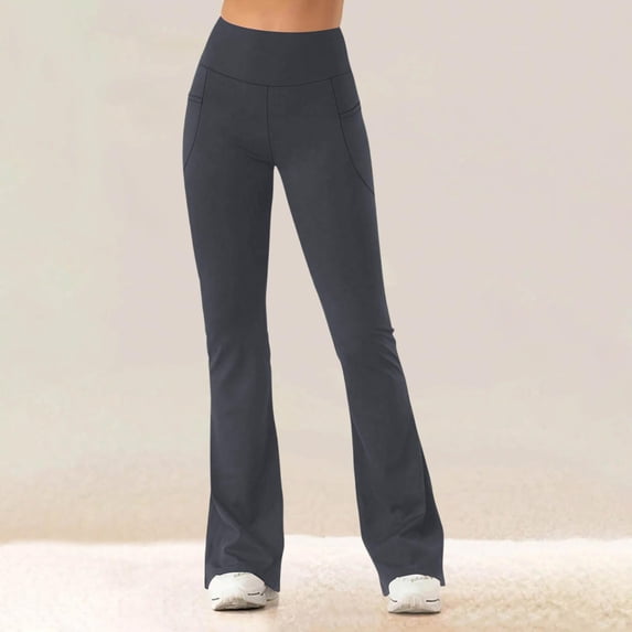 Sunnin Solid Color Fleece Lined Pants High Waist Yoga Workout Stretch Flare Leg Winter Wear