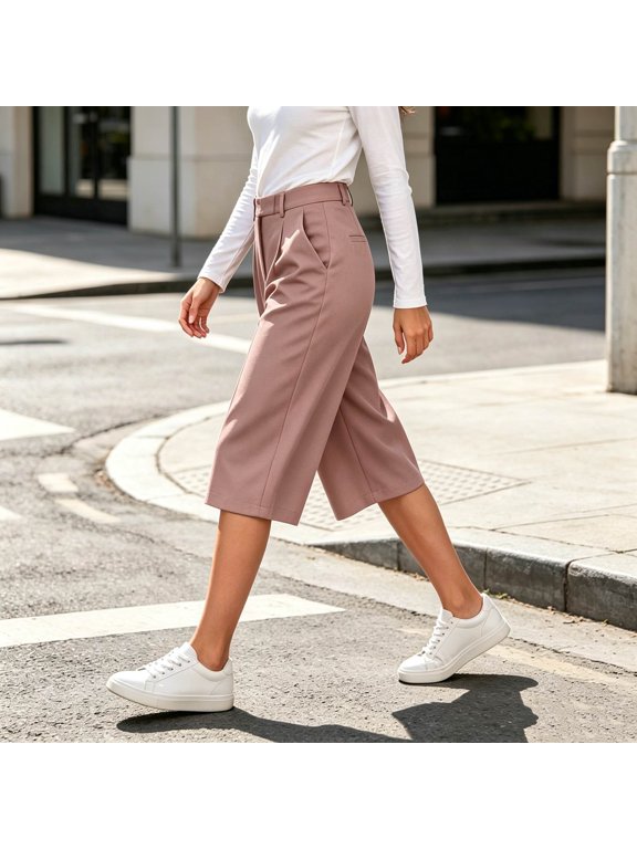 Solid Color High Waist Culottes Shorts with Pockets Zip Fly Wide Leg Casual Wear
