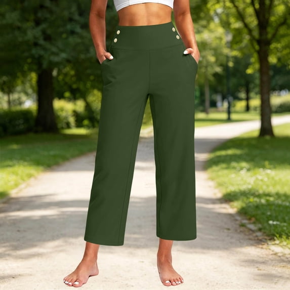 Sunnin Solid Color High Waist Pants Elastic Waist with Pockets Cropped Casual Everyday Wear Pants for Women