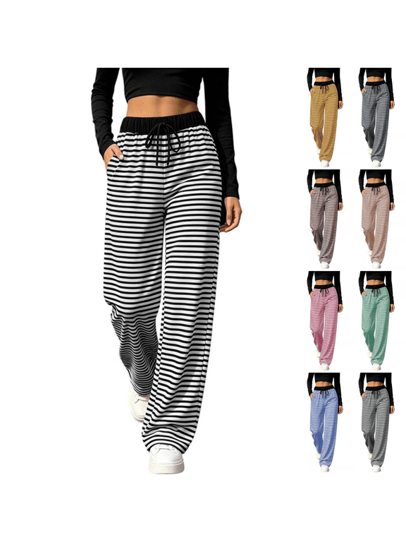 Striped Drawstring Elastic Waist Pants with Pockets Cuffed Lantern Leg Casual Wear