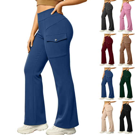 Sunnin Women Cargo Flare Pants Solid Color Fleece Lined Casual Lounge Pants with Pockets