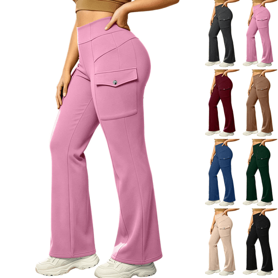 Sunnin Women Cargo Flare Pants Solid Color Fleece Lined Casual Lounge Pants with Pockets