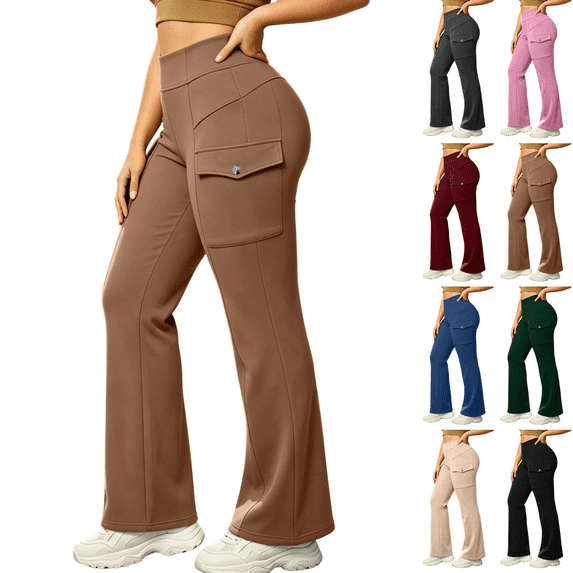 Sunnin Women Cargo Flare Pants Solid Color Fleece Lined Casual Lounge Pants with Pockets