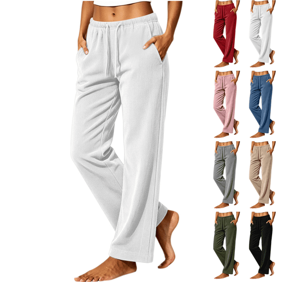 Sunnin Women Corduroy Straight Leg Pants Drawstring Elastic Waist Casual Loose Lounge Pants with Pockets