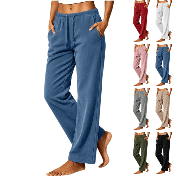 Sunnin Women Corduroy Straight Leg Pants Drawstring Elastic Waist Casual Loose Lounge Pants with Pockets Pants for Women