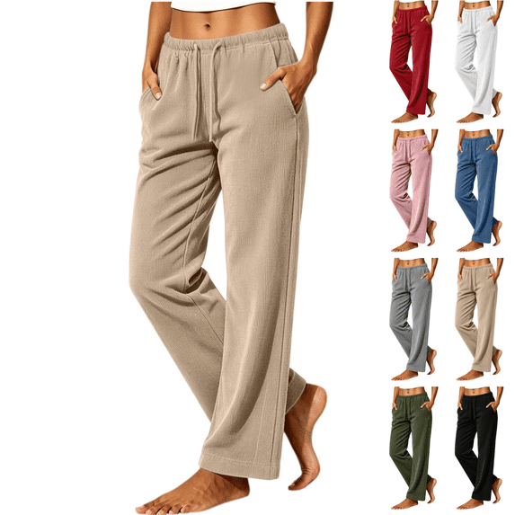 Sunnin Women Corduroy Straight Leg Pants Drawstring Elastic Waist Casual Loose Lounge Pants with Pockets