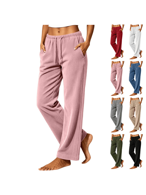 Women Corduroy Straight Leg Pants Drawstring Elastic Waist Casual Loose Lounge Pants with Pockets
