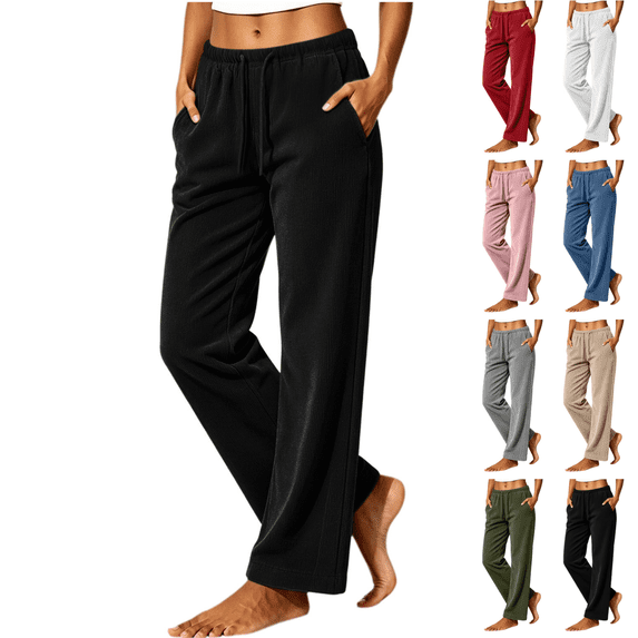 Sunnin Women Corduroy Straight Leg Pants Drawstring Elastic Waist Casual Loose Lounge Pants with Pockets